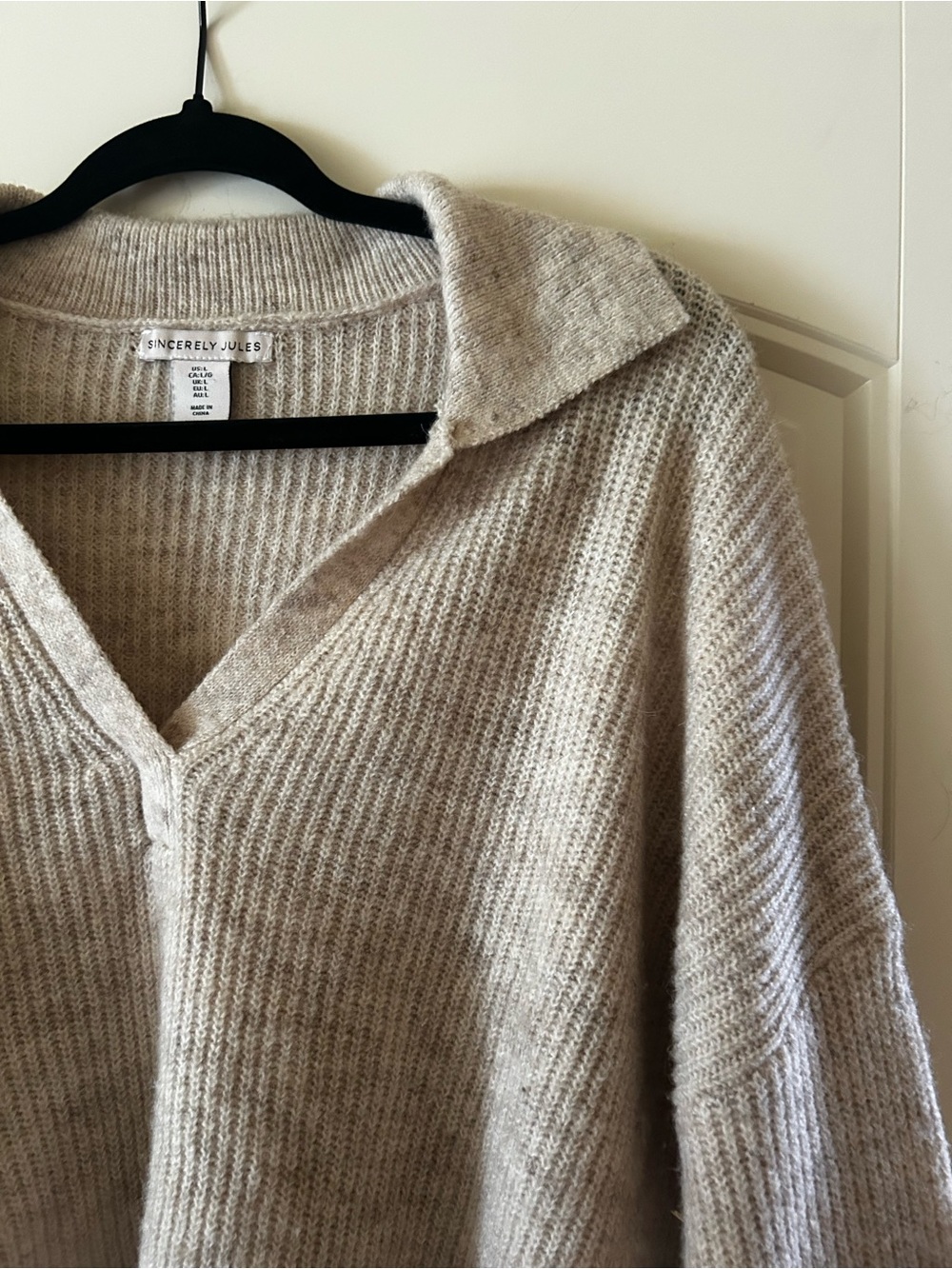Sincerely Jules Beige Ribbed V-Neck Collared Sweater - Picture 3 of 3